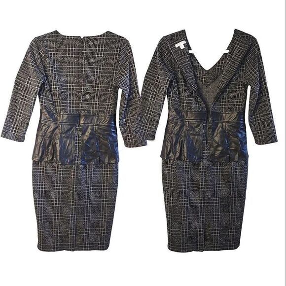 New York & Co Black Plaid Vegan Leather Bow Sheath Midi Dress Small - Picture 15 of 16